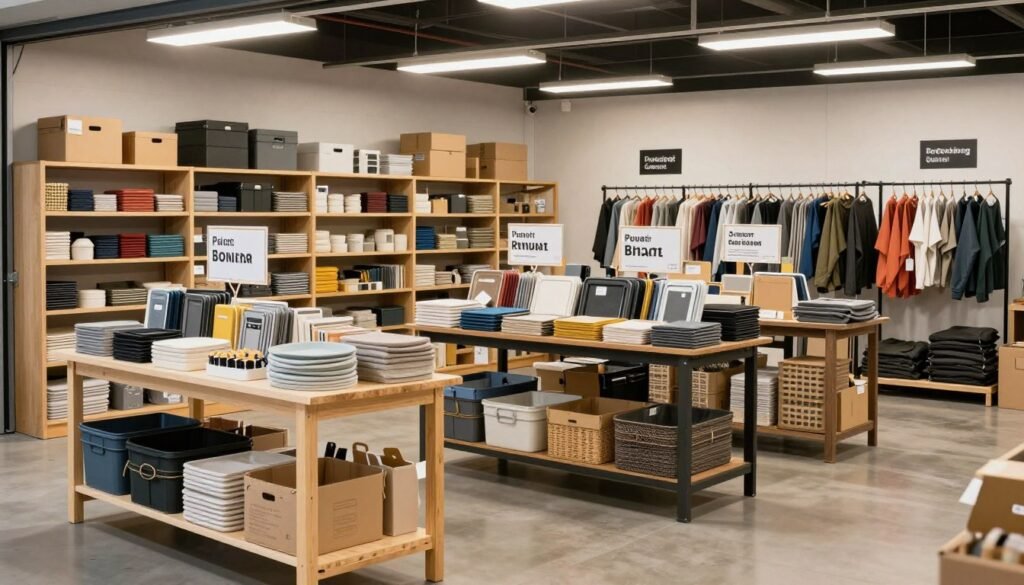 Attractively displayed garage sale with multiple levels and organized sections