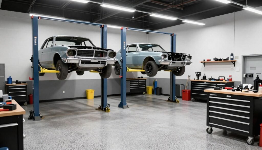 Automotive enthusiast garage with car lift and tool storage