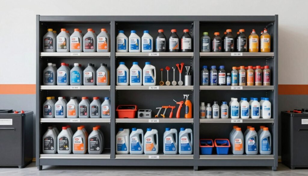 Automotive supply cabinet with organized fluids, tools, and car care products