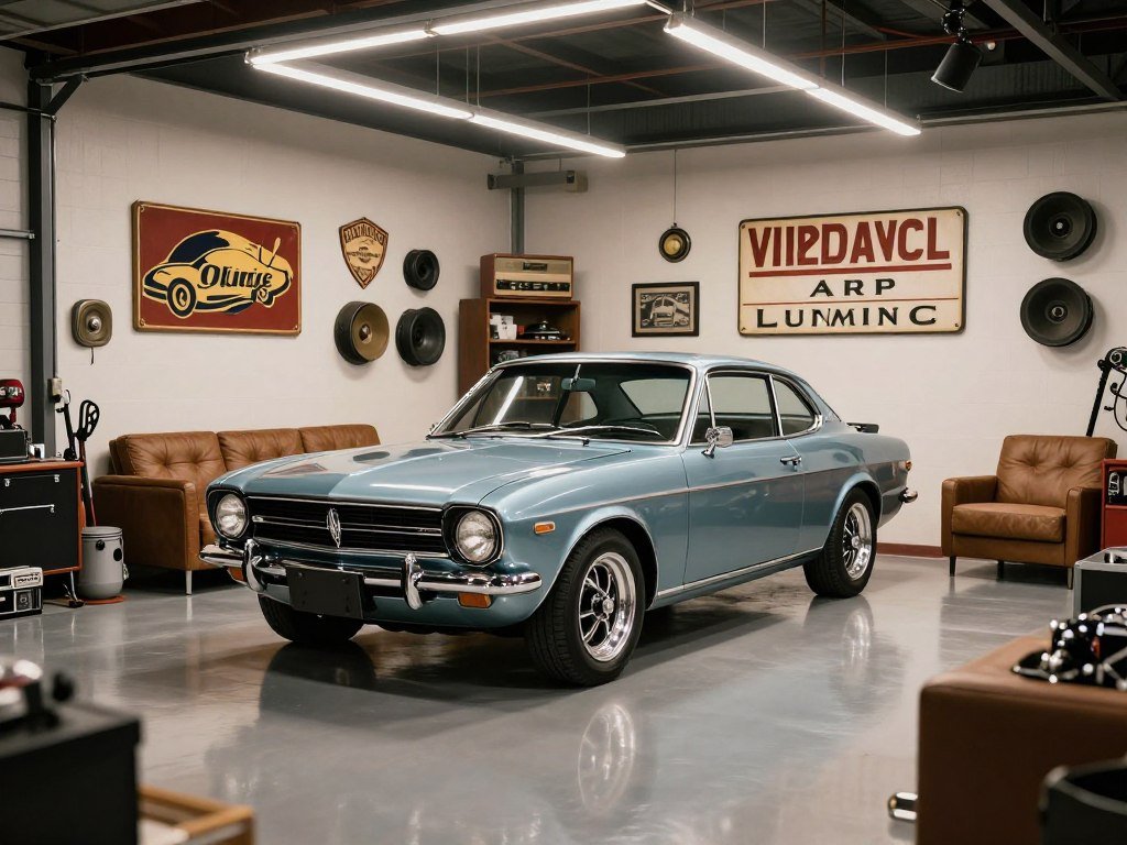 Automotive-themed garage man cave with vintage car and memorabilia