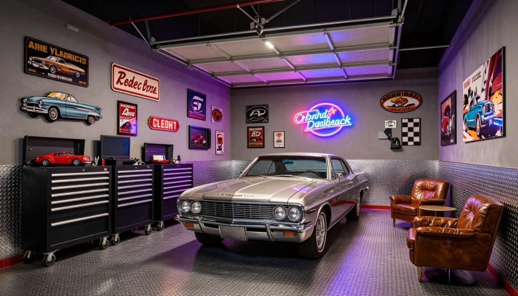 Automotive-themed man cave garage with vintage car memorabilia, tool storage, and a classic car on display