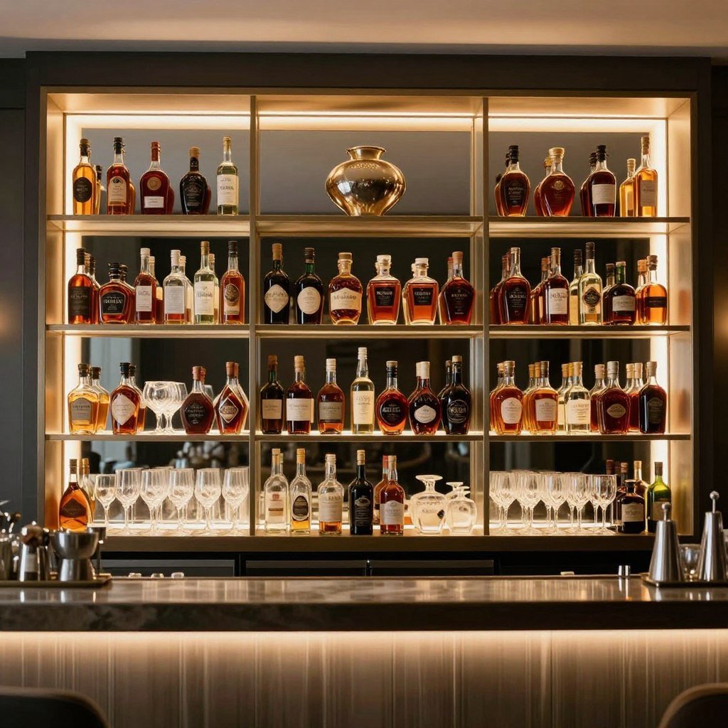 Back bar shelving with organized bottles and glasses