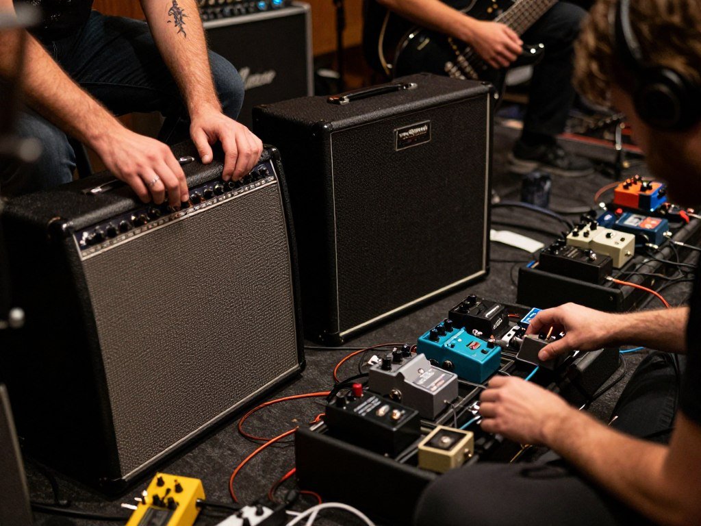 Band members experimenting with different sounds and effects pedals