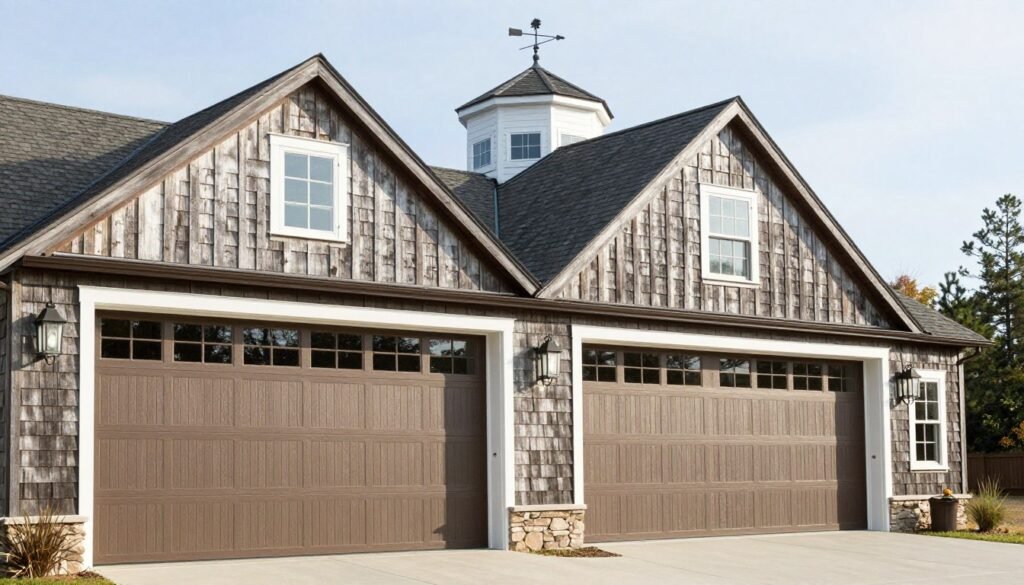 Barn style garage exterior showcasing sliding doors, cupola, weathervane, and board-and-batten siding