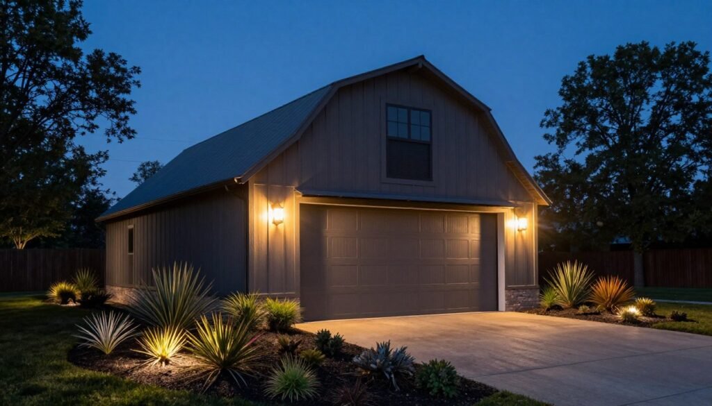 Barn style garage with complementary landscaping and lighting Barn style garage with complementary landscaping and lighting