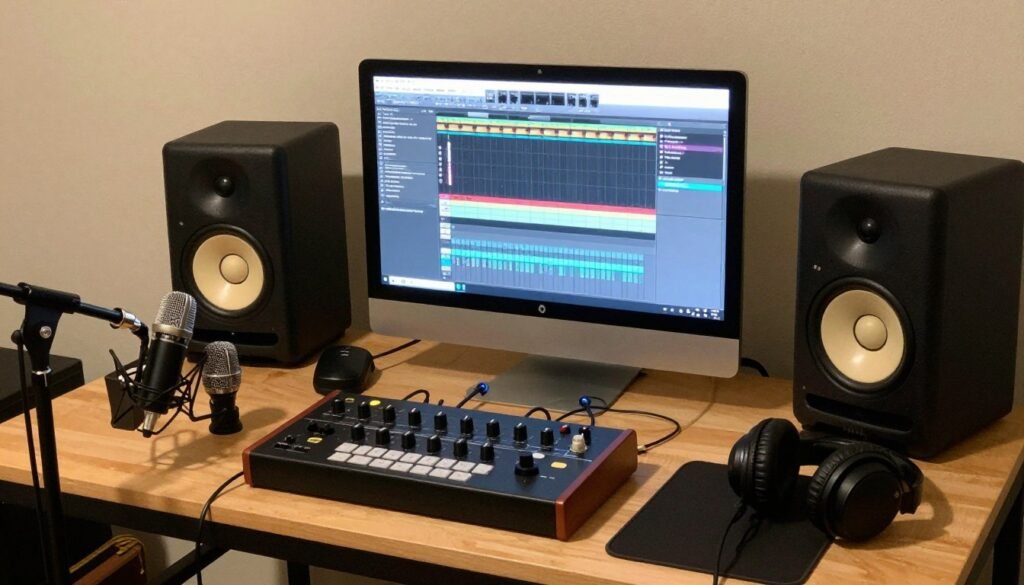 Basic home recording setup for a garage band with computer, interface, and microphones