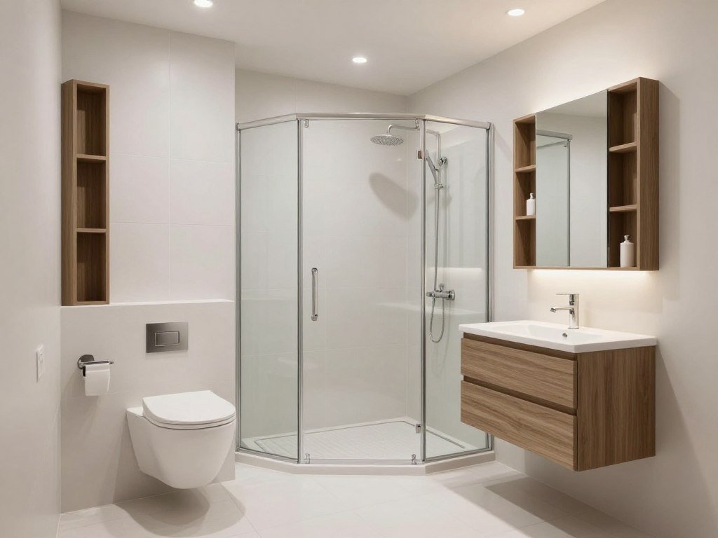 Bathroom in an above garage apartment interior with space-saving fixtures and smart storage
