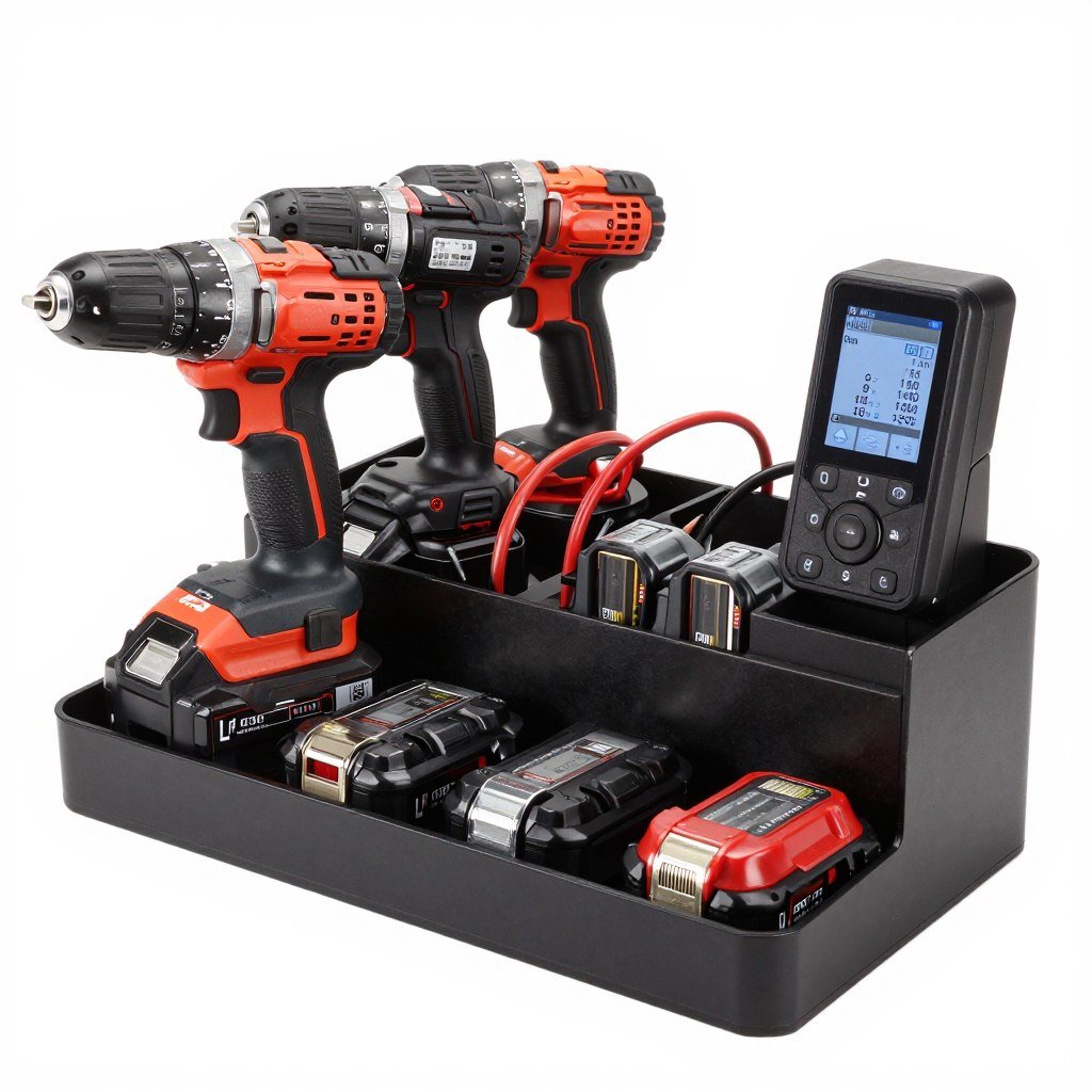 Battery and tool organizer with charging station