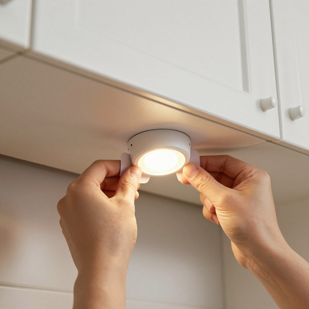 Battery-operated or wireless puck lights being installed
