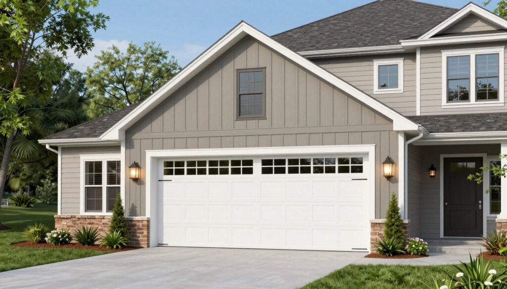Beautiful completed barn style garage integrated with landscaping and complementing main house