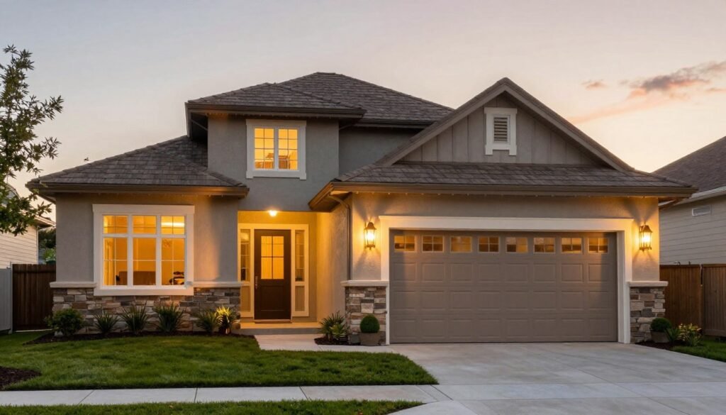 Beautiful home exterior with stylish garage door at sunset