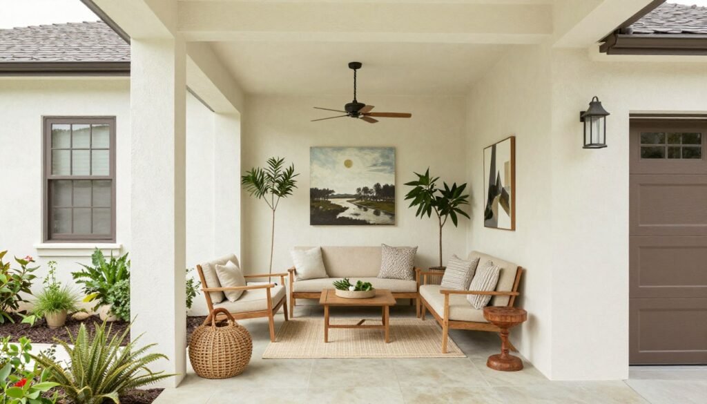 Beautifully decorated enclosed breezeway with coordinated furniture, plants, and decor elements Beautifully decorated enclosed breezeway with coordinated furniture, plants, and decor elements