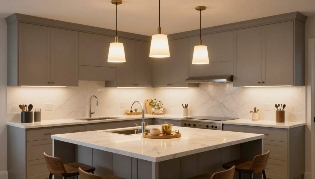 Beautifully designed kitchen with perfect island lighting creating a warm, inviting atmosphere