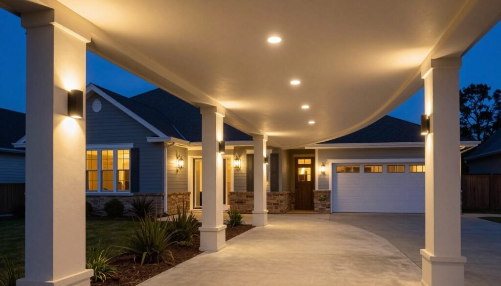 Beautifully lit enclosed breezeway at dusk showing various lighting elements working together Beautifully lit enclosed breezeway at dusk showing various lighting elements working together