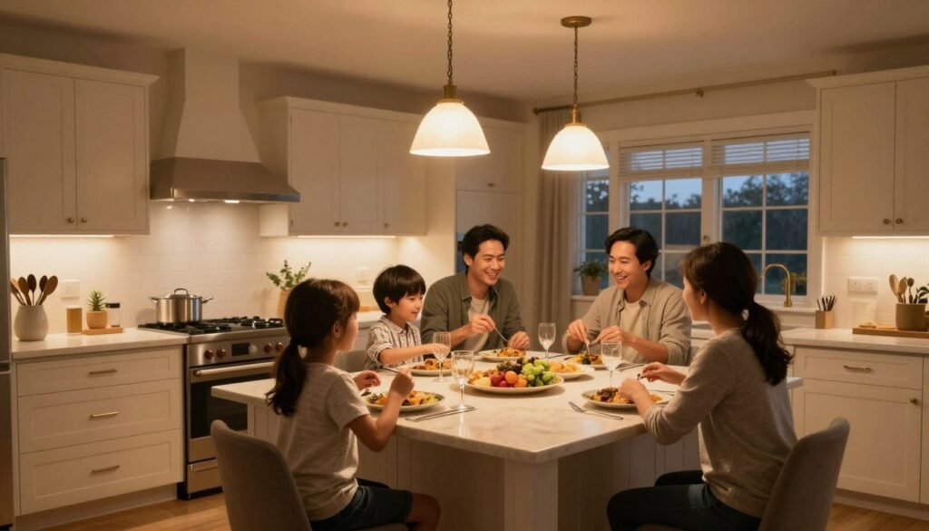 Beautifully lit kitchen island as the heart of the home