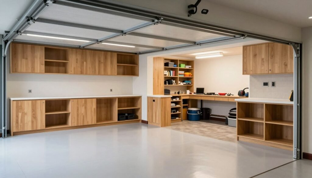 Beautifully organized garage with comprehensive cabinet system