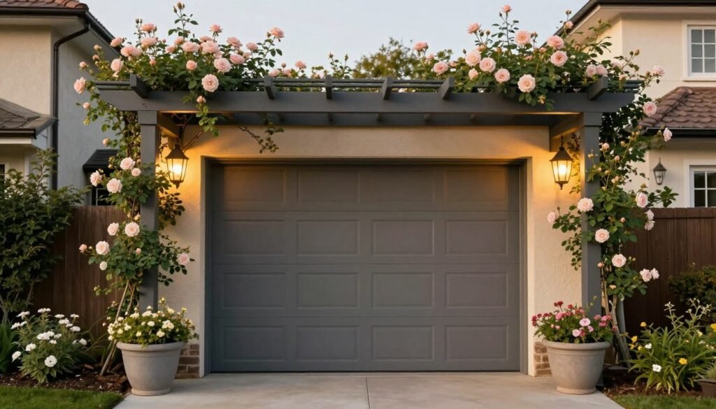 Beautifully styled garage pergola with climbing roses, lanterns, and decorative planters creating a charming entrance