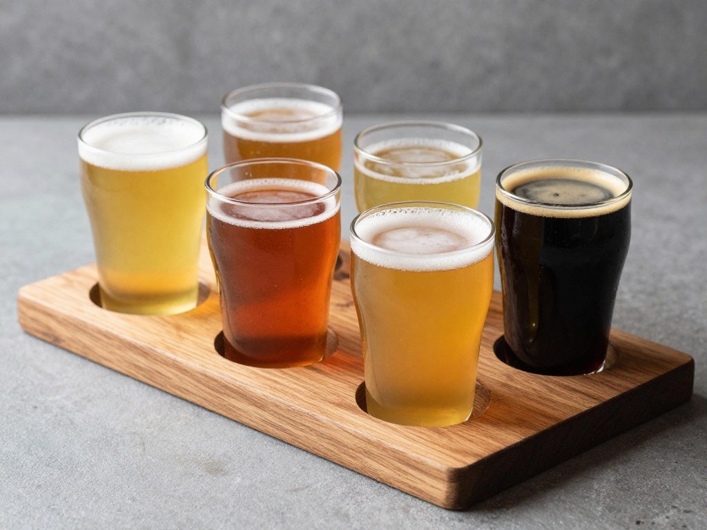 Beer flight with different craft beers on wooden board