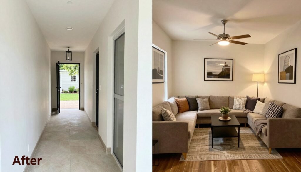 Before and after comparison of a breezeway transformation from open to beautifully enclosed Before and after comparison of a breezeway transformation from open to beautifully enclosed