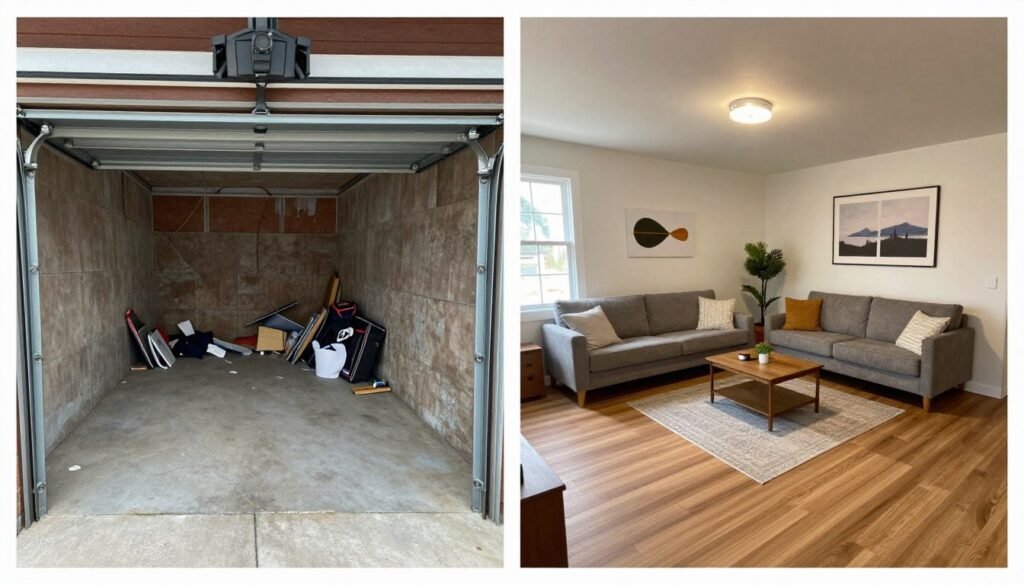 Before and after comparison of a garage conversion showing design transformation Before and after comparison of a garage conversion showing design transformation