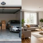 Before and after comparison of a garage conversion showing transformation from storage space to a beautiful living area