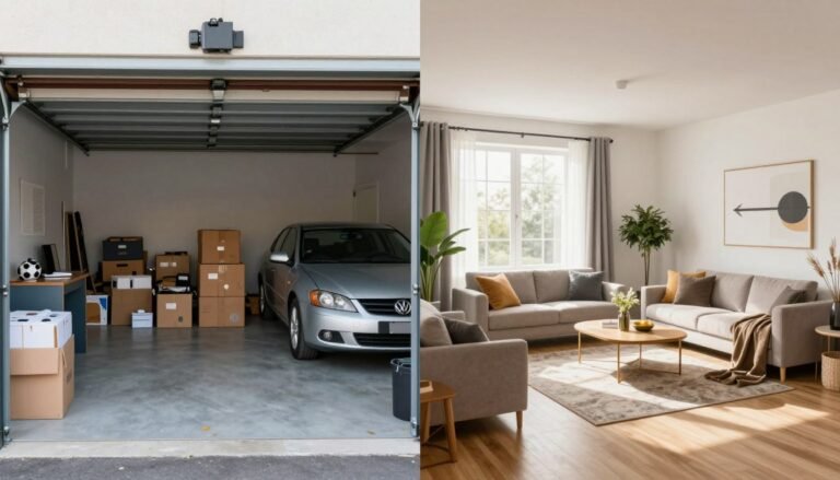Before and after comparison of a garage conversion showing transformation from storage space to a beautiful living area