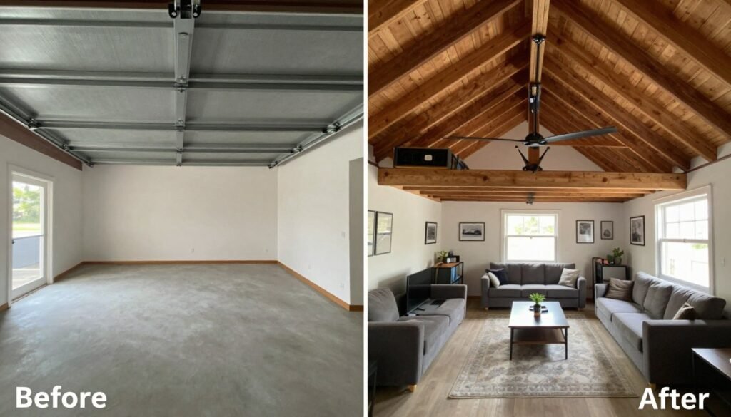 Before and after comparison of a garage loft transformation project