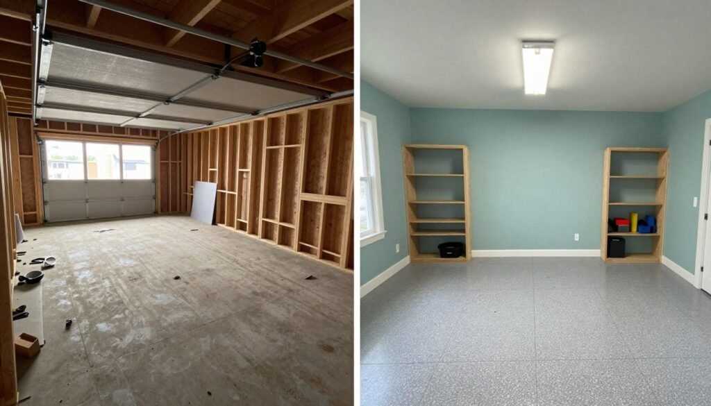 Before and after comparison of a garage transformation showing dramatic improvement