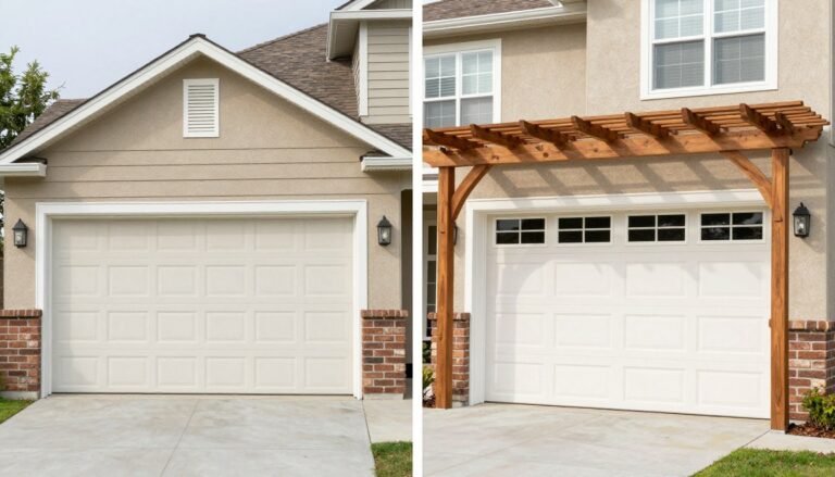 Before and after comparison of a garage with a newly installed wooden pergola showing dramatic curb appeal improvement