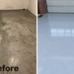 Before and after comparison of a garage with new epoxy garage floor installation showing dramatic transformation
