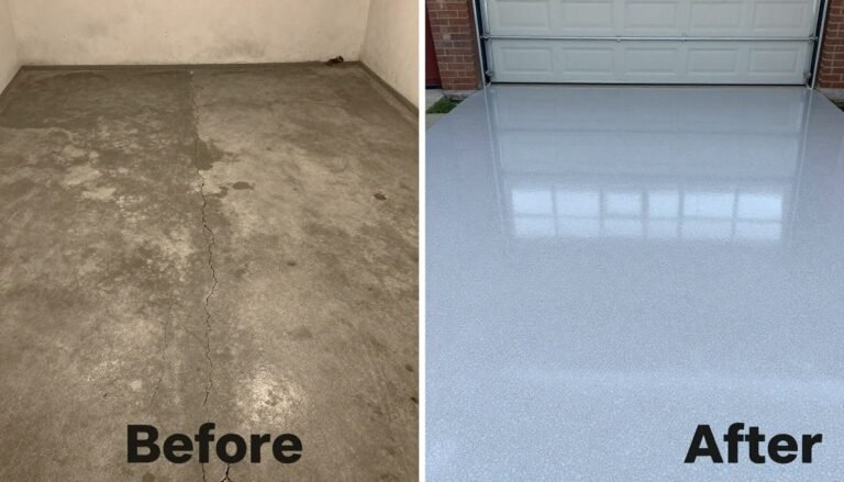 Before and after comparison of a garage with new epoxy garage floor installation showing dramatic transformation