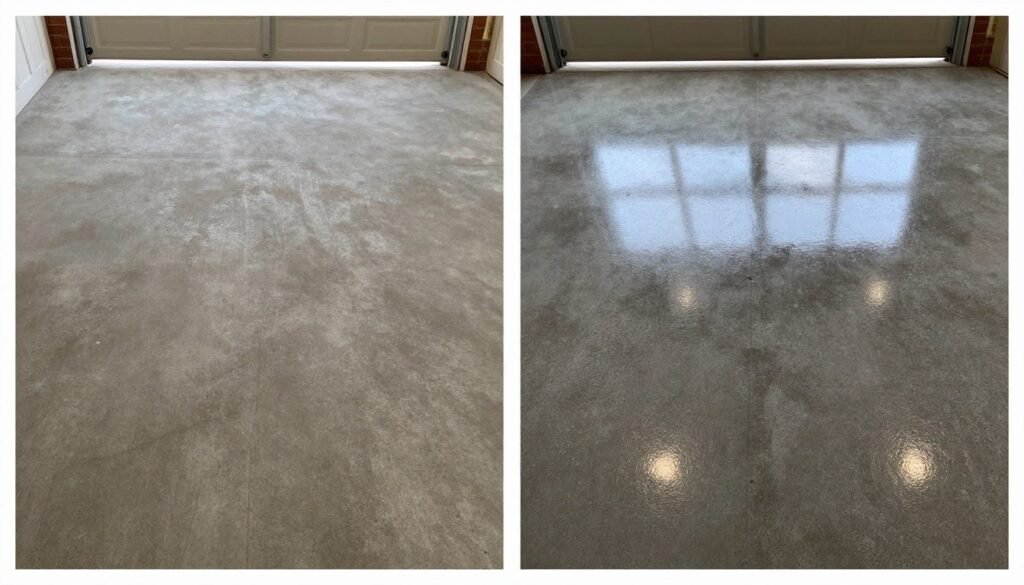Before and after comparison of garage floor transformation with epoxy coating