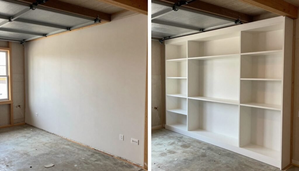 Before and after comparison of garage interior wall transformation