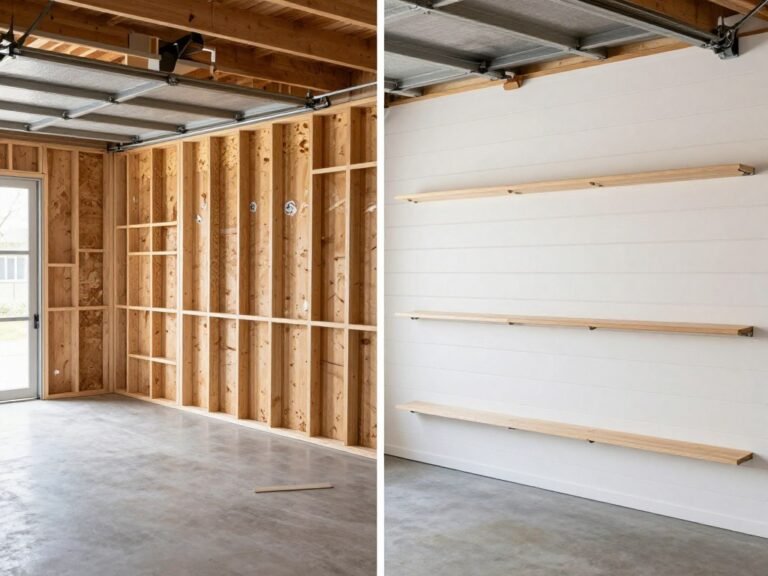Before and after comparison of garage interior walls showing dramatic transformation