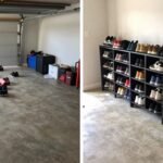 Before and after comparison of garage shoe storage transformation showing cluttered floor versus organized system