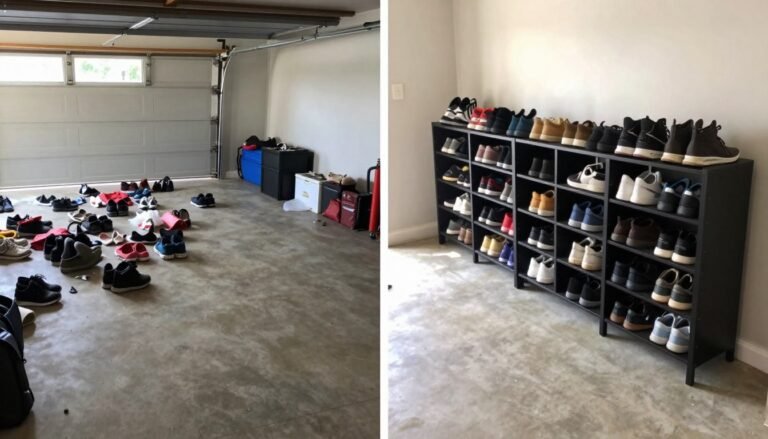 Before and after comparison of garage shoe storage transformation showing cluttered floor versus organized system