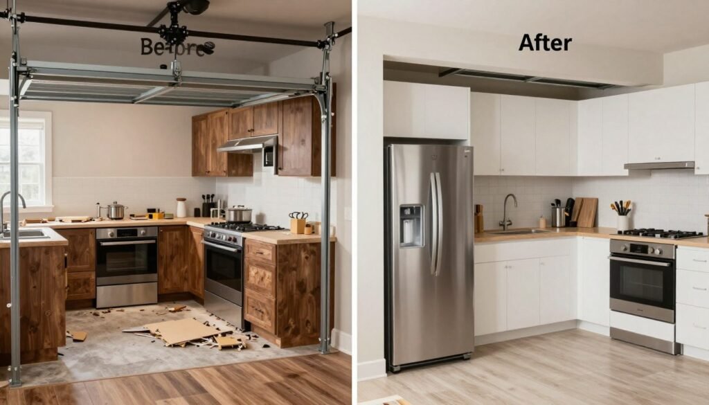Before and after comparison of kitchen with new appliance garage installation