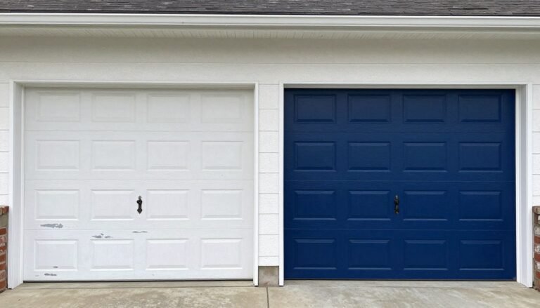 Before and after garage door makeover showing dramatic transformation of curb appeal