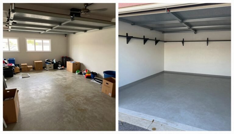 Before and after garage makeover showing transformation from cluttered space to organized, functional area