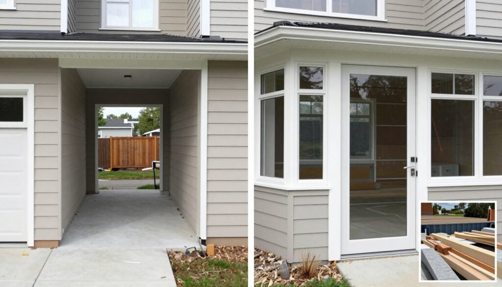 Before and after of a breezeway enclosure project showing transformation and materials