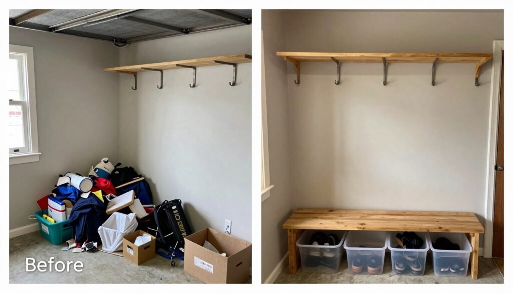 Before and after of a budget garage mudroom transformation