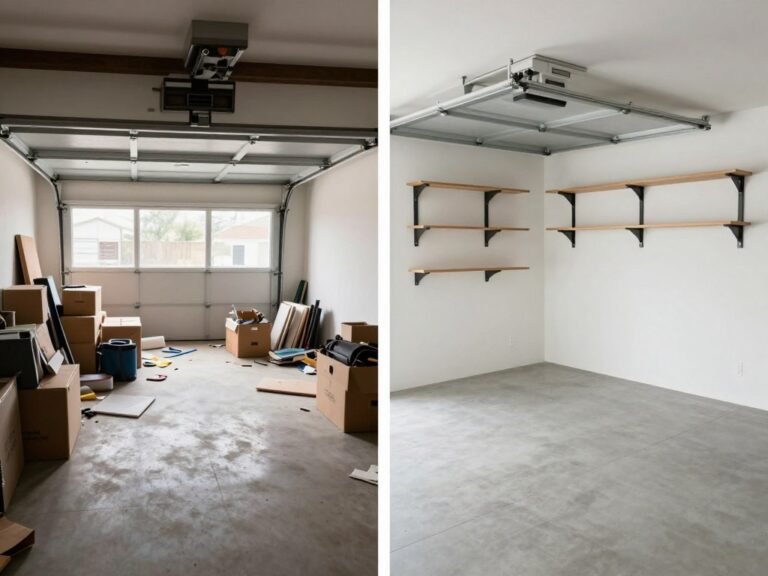 Before and after of a decluttered garage interior showing transformation from cluttered space to organized area