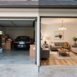 Before and after of a garage conversion showing transformation from storage space to living area