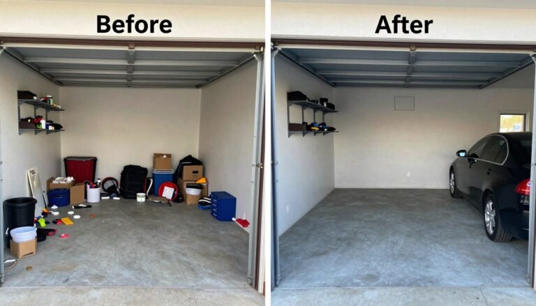 Before and after of a garage organization transformation showing cluttered space transformed into neat, zoned areas