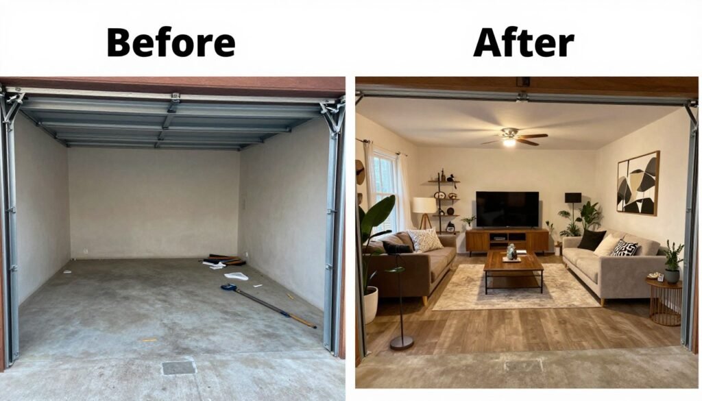 Before and after of a garage transformation into an amazing hangout space