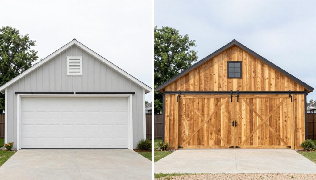 Before and after of a standard garage converted to barn style with added architectural elements