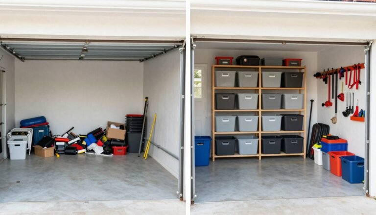 Before and after of an organized garage with labeled storage bins and wall-mounted tools