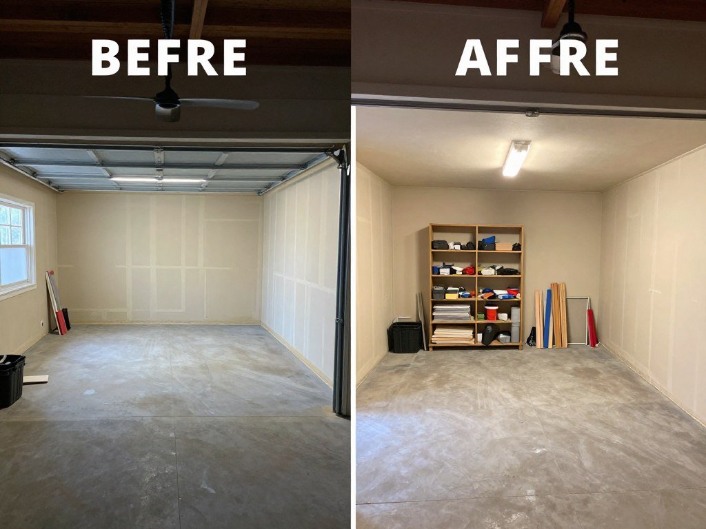 Before and after of garage transformation with light neutral walls