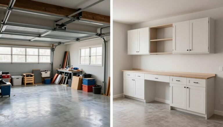 Before and after transformation of a cluttered garage into an organized, stylish space with garage inspo elements