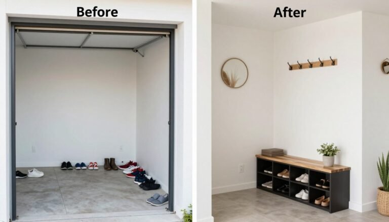 Before and after transformation of a garage entryway showing dramatic improvement in organization and style